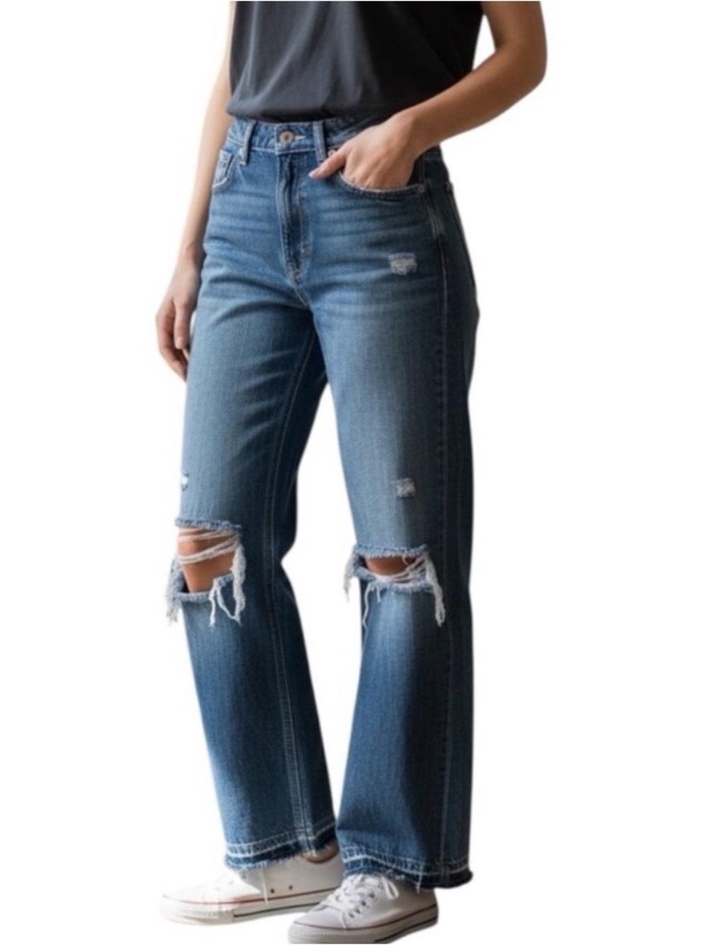 Cello High Rise Distressed Straight-Leg Jeans in Medium Blue